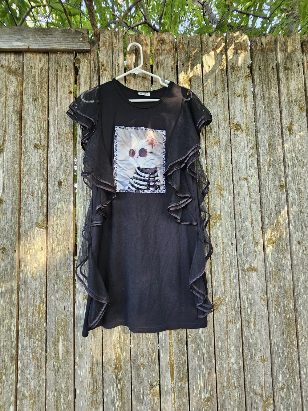 Black Ruffle Sleeve CAT Graphic Tee Dress - Picture 2 of 5